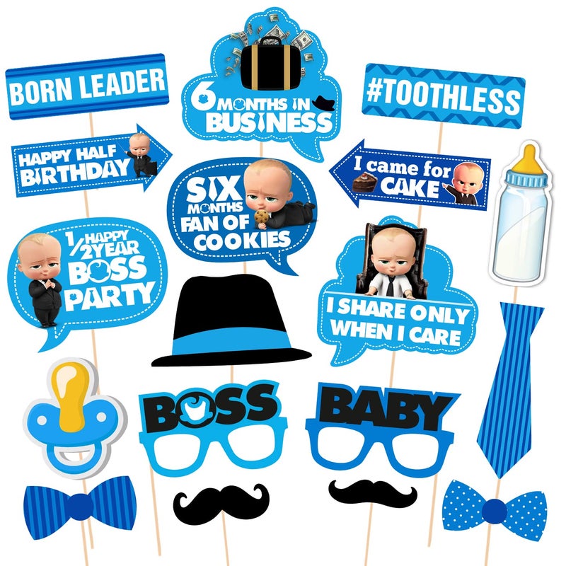 Zyozique Zyozique Boss Baby Half Birthday Photo Booth Props 18 Pieces with Wooden Sticks for Boss Baby 1/2 Birthday Party Decorations,Baby Boss Party Supplies