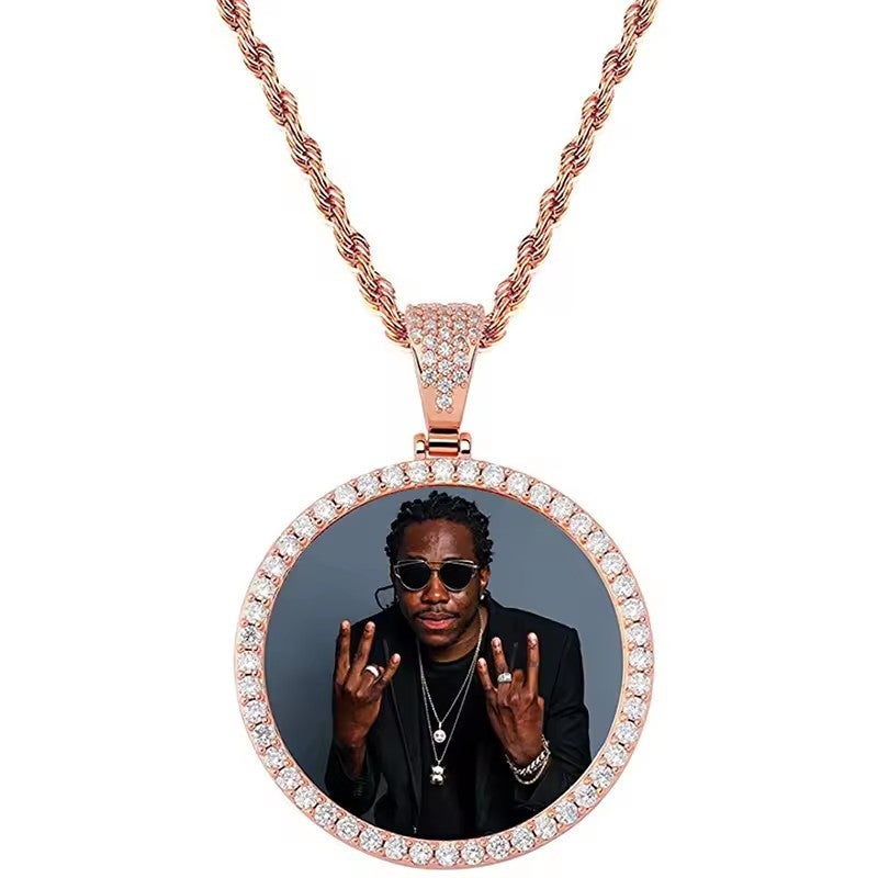 Generic Custom Engraved Photo Pendant Necklace Rose gold 36mm diameter + 3mm 24inch twist chain 