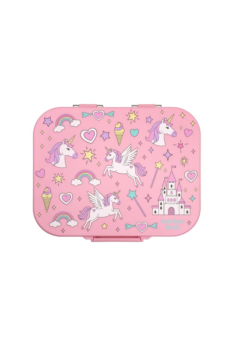Bamboo Bark Stainless Steel Leak-Proof Bento Lunch Box for Kids, Girls & Boys – Multi-Compartment BPA-Free Lunch Box with PP Base, Unicorn Print, Perfect for School, Work & Travel - Image 1