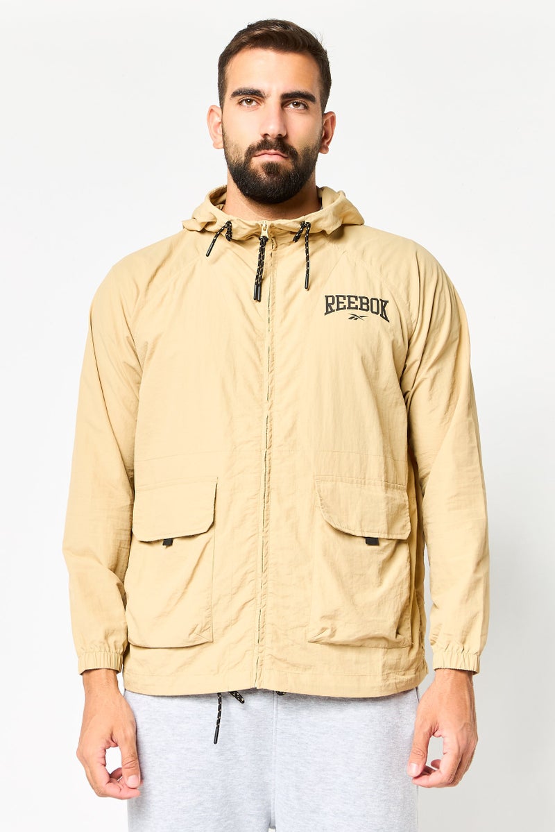 Reebok Men Sportswear Fit Brand Logo Long Sleeve Outdoor Jacket, Beige - Image 1