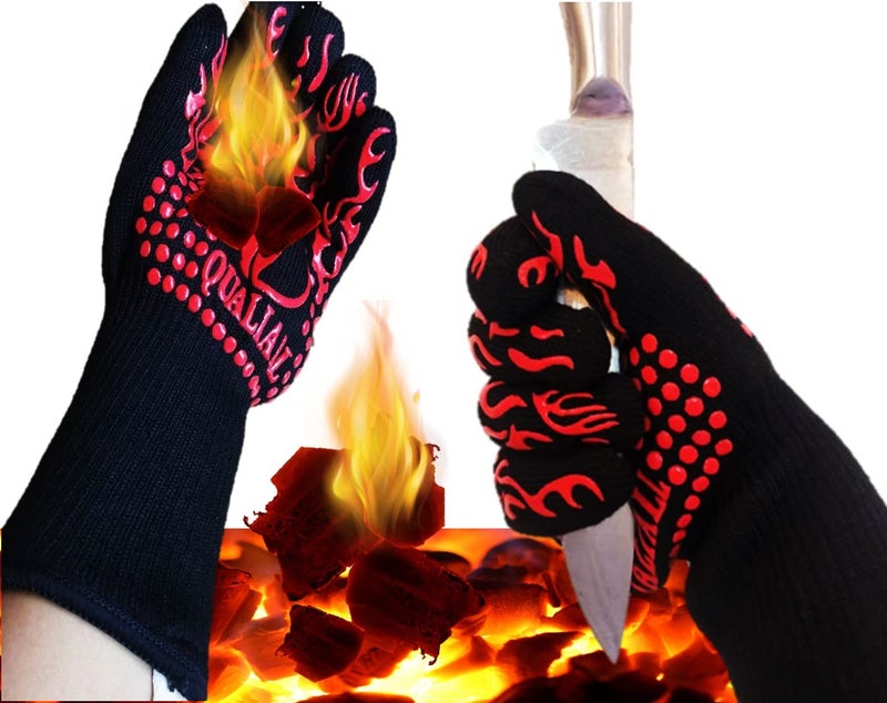 QUALIALL BBQ Gloves 1472F EN407 Certified Extreme Heat Resistant Long Sleeve AntiSlip Sweat Absorption Comfier Easier and Safer for Grilling Barbecue Smoking Cooking Baking Pot Holding Red 