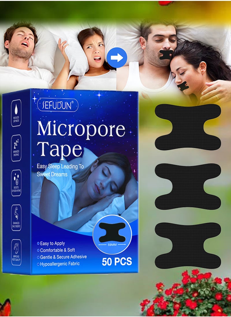 Sefudun 50 Pcs Micropore Tape Mouth Tape Sleep Strips Soft and Comfortable Gentle and Secure Adhesive Mouth Strips Nose Breathing Anti Snoring Better Breathing Oduor Free Sleep Strip Mouths Tape Black  - Image 1