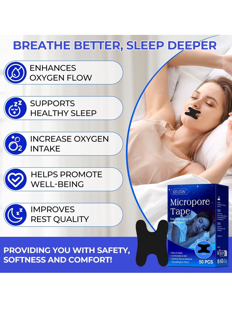 Sefudun 50 Pcs Micropore Tape Mouth Tape Sleep Strips Soft and Comfortable Gentle and Secure Adhesive Mouth Strips Nose Breathing Anti Snoring Better Breathing Oduor Free Sleep Strip Mouths Tape Black  - Image 5