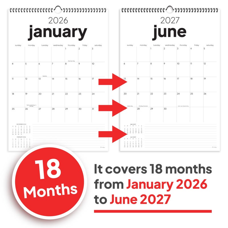 HADIGU Wall Calendar 2026-2027, 18 Months, Runs from January 2026 to June 2027, 17" x 12" Large Wall Calendar with Hanger, Thick Paper and Spiral Binding. Simple and Stylish Aesthetic Design. - Image 2