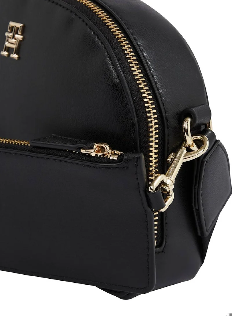 TOMMY HILFIGER Women's Hilfiger Monotype Half Moon Crossover Bag, Black - faux leather