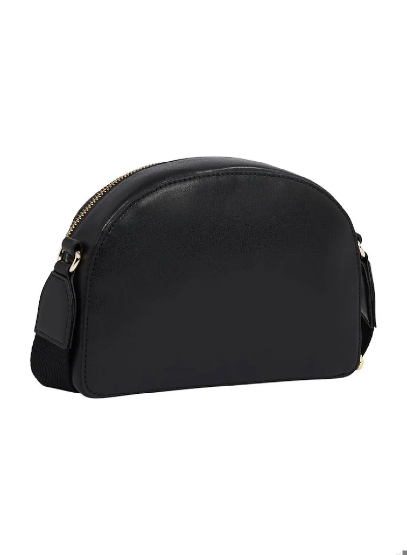 TOMMY HILFIGER Women's Hilfiger Monotype Half Moon Crossover Bag, Black - faux leather