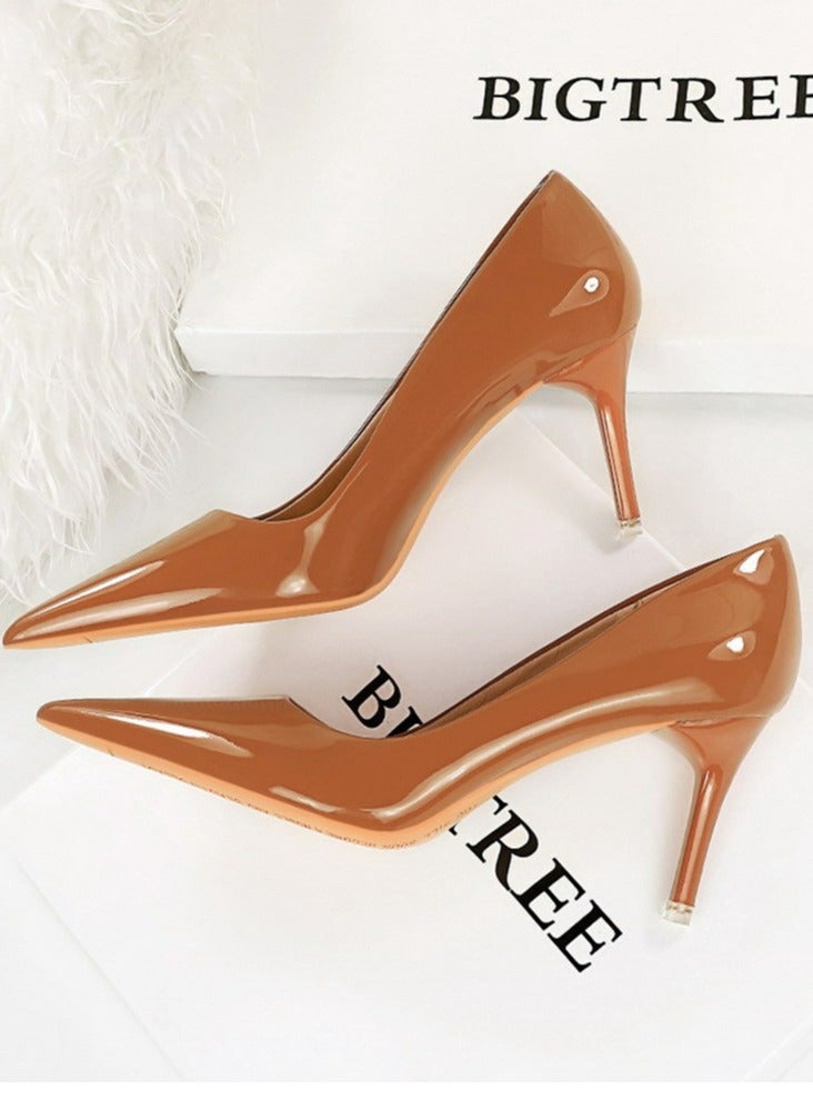 بيج تري Women's Fashionable Shiny Stiletto Pumps 7.5cm Elegant Gorgeous Closed Pointed Toe Slip On Solid High Heels Brown