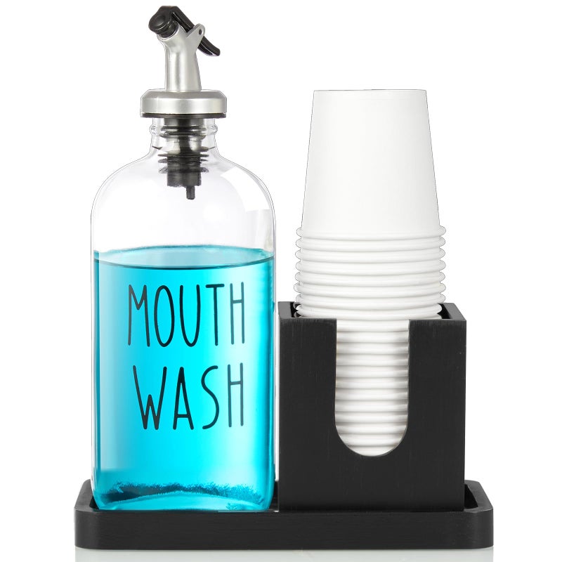 Glass Mouthwash Dispenser for Bathroom 16 OZ Mouthwash Dispenser with Pour Spout and Wood Cup Holder and Tray Mouth Wash Bottle Container Black Kitchen Bathroom Decor and Accessories