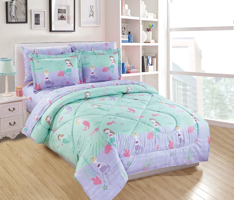 Linen Plus Twin Size Comforter Set GirlsTeens Mermaids Starfishes Jellyfishes Lavender Pink Aqua Princess of The Sea New