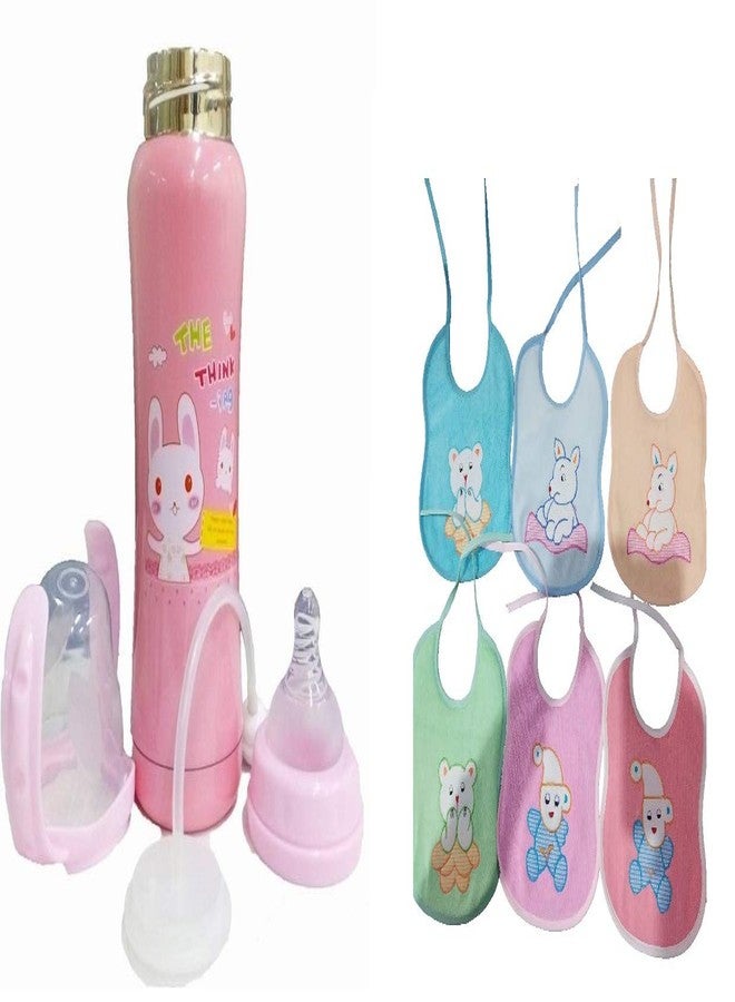Ineffable Baby Steel Feeding Bottle for Hot and Cold Milk 180ml + Baby Knot Feeding Bib Combo ((Bottle Pink (180))