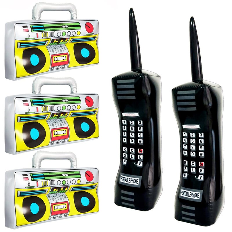 Xilanhhaa 5 Pieces Inflatable Radio Boombox Inflatable Mobile Phone,Retro Mobile Phone for 80's 90's Party Decorations,Hip Hop Costume,Birthday Theme Party Photo - Image 1