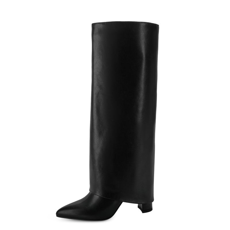 Modatope Black Boots for Women Fold Over Knee High Boots Pointed Toe Chunky Heeled Tall Boots Size 8 - Image 2