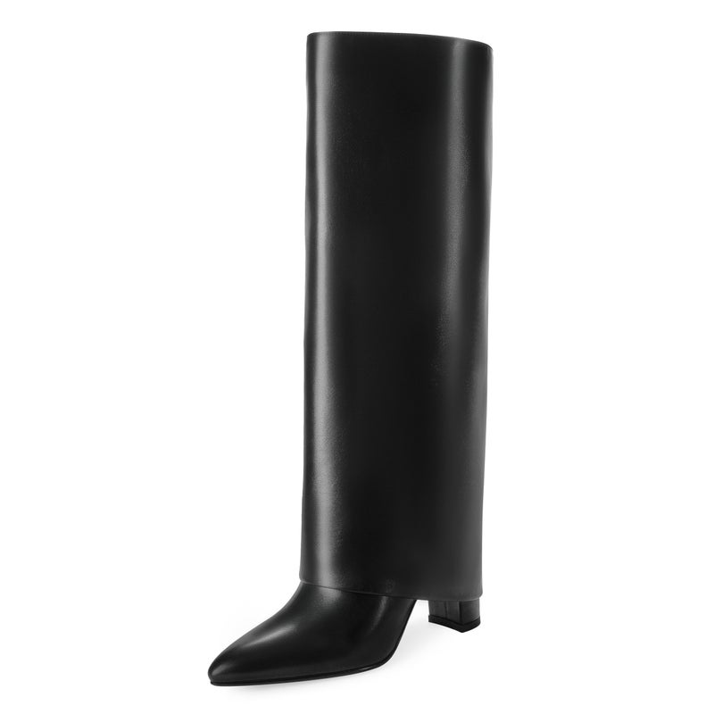 Modatope Black Boots for Women Fold Over Knee High Boots Pointed Toe Chunky Heeled Tall Boots Size 8 - Image 1