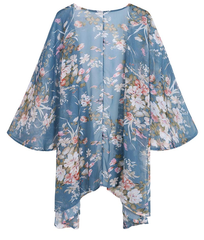 olrain Women's Floral Print Sheer Chiffon 3/4 Bat Sleeve Casual Loose Kimono Cardigan Capes (XX-Large, Blue Pinkf) - Image 2