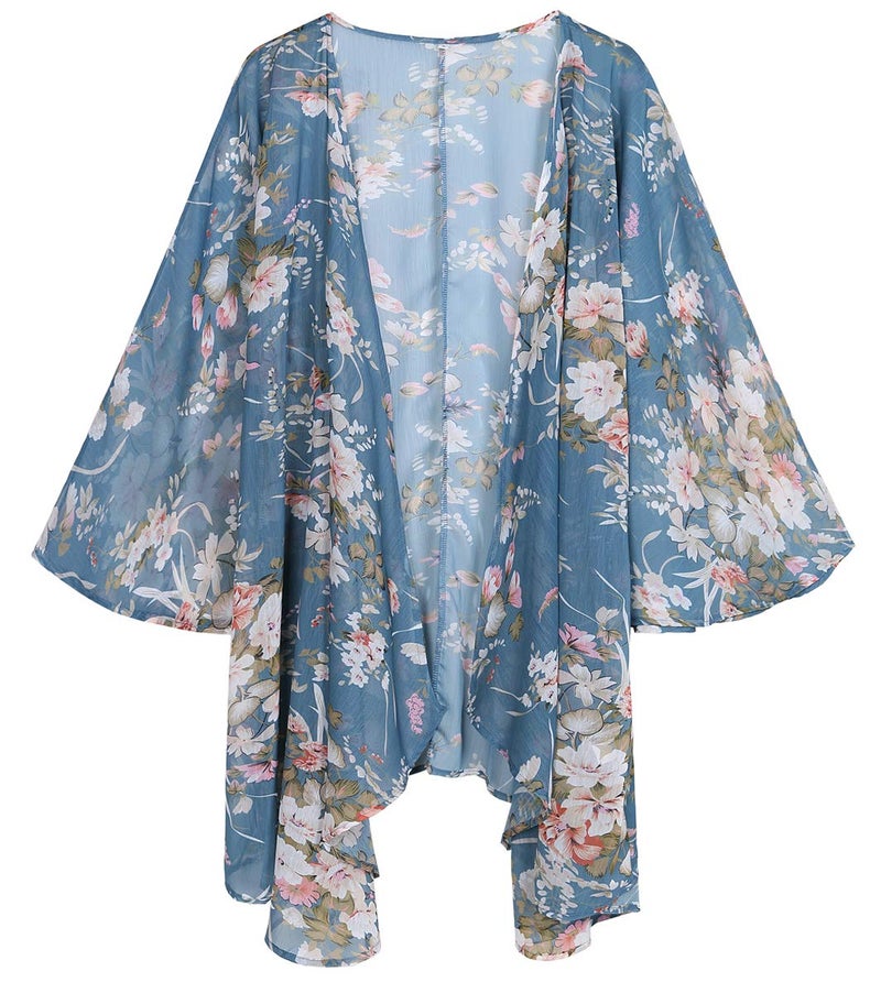 olrain Women's Floral Print Sheer Chiffon 3/4 Bat Sleeve Casual Loose Kimono Cardigan Capes (XX-Large, Blue Pinkf) - Image 1