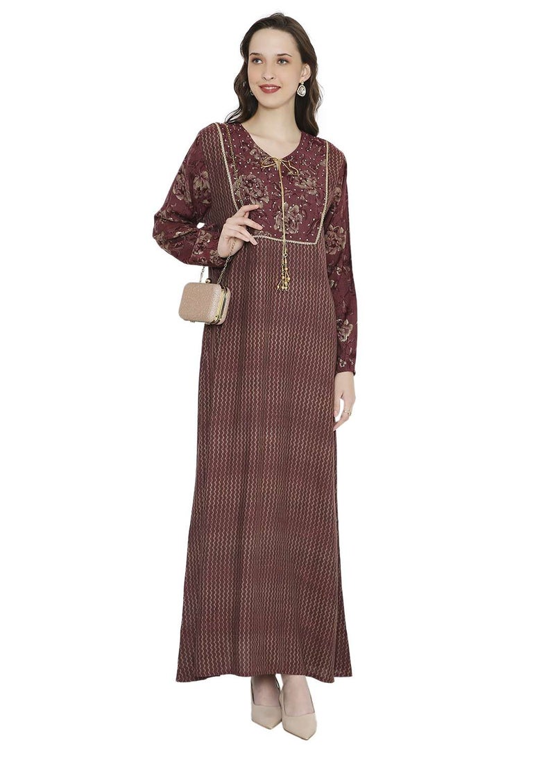 HANA & SARA STYLISH STONE WORK WITH FRONT NECK TIE LONG ELEGANT ARABIC KAFTAN JALABIYA DRESS  - Image 1