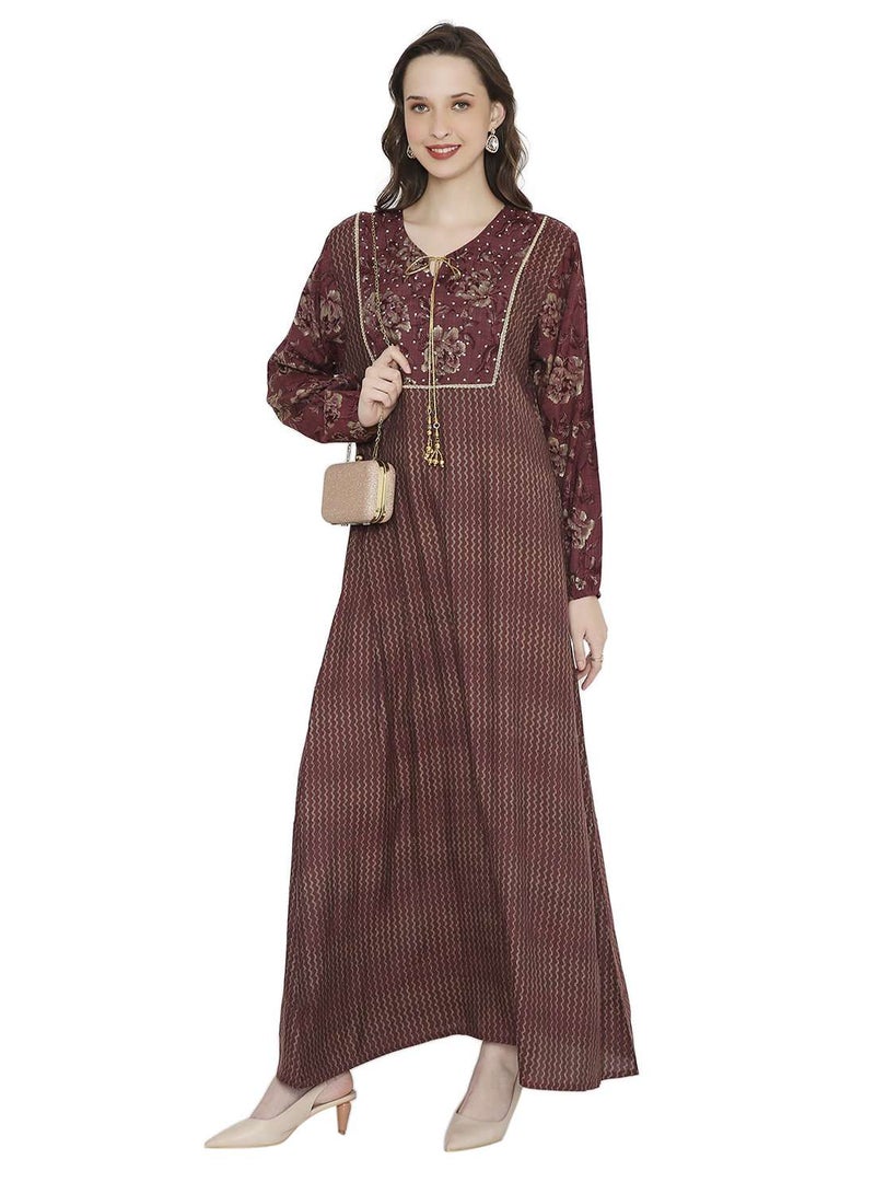 HANA & SARA STYLISH STONE WORK WITH FRONT NECK TIE LONG ELEGANT ARABIC KAFTAN JALABIYA DRESS  - Image 4
