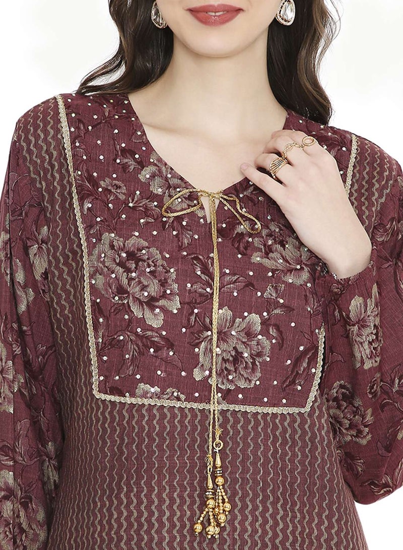 HANA & SARA STYLISH STONE WORK WITH FRONT NECK TIE LONG ELEGANT ARABIC KAFTAN JALABIYA DRESS  - Image 3