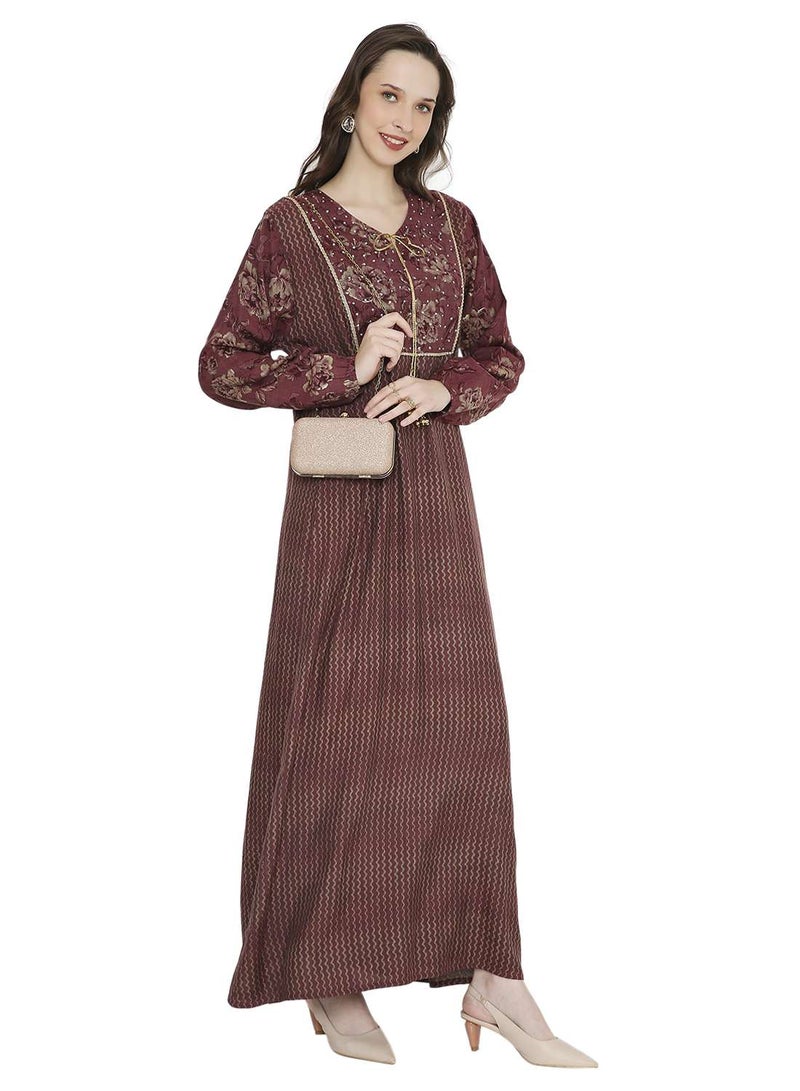 HANA & SARA STYLISH STONE WORK WITH FRONT NECK TIE LONG ELEGANT ARABIC KAFTAN JALABIYA DRESS  - Image 5