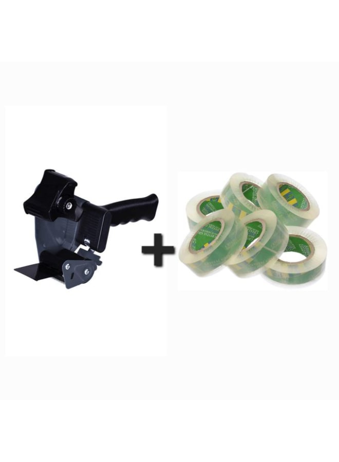 Deli Wide Packaging Tape Dispenser (233 x 65 x 159 mm) + 6 Rolls of Wide Clear Tape (90 m x 4.5 cm)
