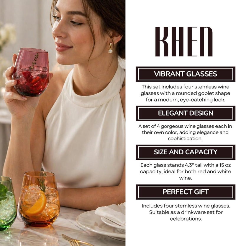 Khen Tritan BPA-Free Plastic Shatterproof Stemless Wine Glasses, - 4 Set - Acrylic Glass Drinkware, Unbreakable Colored, Reusable, Dishwasher Safe, All Purpose Glassware 15oz - Tumblers, Indoor and Outdoor - Image 5