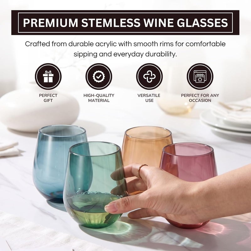 Khen Tritan BPA-Free Plastic Shatterproof Stemless Wine Glasses, - 4 Set - Acrylic Glass Drinkware, Unbreakable Colored, Reusable, Dishwasher Safe, All Purpose Glassware 15oz - Tumblers, Indoor and Outdoor - Image 4