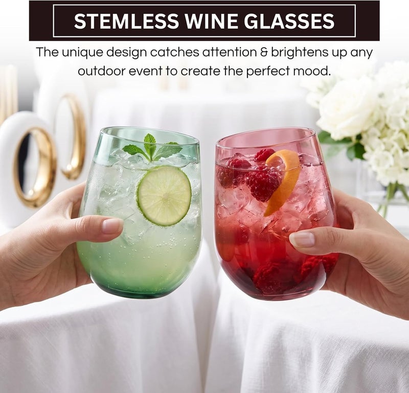 Khen Tritan BPA-Free Plastic Shatterproof Stemless Wine Glasses, - 4 Set - Acrylic Glass Drinkware, Unbreakable Colored, Reusable, Dishwasher Safe, All Purpose Glassware 15oz - Tumblers, Indoor and Outdoor - Image 3