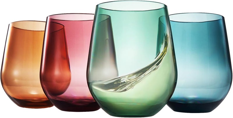 Khen Tritan BPA-Free Plastic Shatterproof Stemless Wine Glasses, - 4 Set - Acrylic Glass Drinkware, Unbreakable Colored, Reusable, Dishwasher Safe, All Purpose Glassware 15oz - Tumblers, Indoor and Outdoor - Image 1