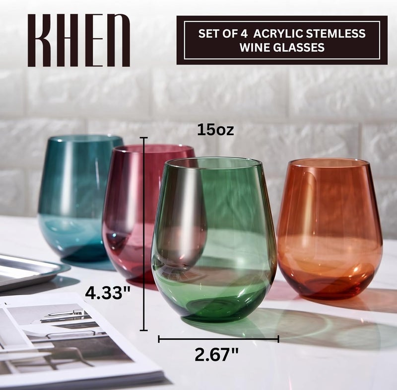 Khen Tritan BPA-Free Plastic Shatterproof Stemless Wine Glasses, - 4 Set - Acrylic Glass Drinkware, Unbreakable Colored, Reusable, Dishwasher Safe, All Purpose Glassware 15oz - Tumblers, Indoor and Outdoor - Image 2