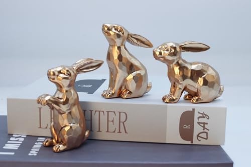 JORAE Gold Bunny Statues Easter Rabbit Figurines Set of 3 Vintage Rabbit Statues Animal Home Décor Office Table Ornament, Champagne Gold, 3" H, Polyresin - Image 1