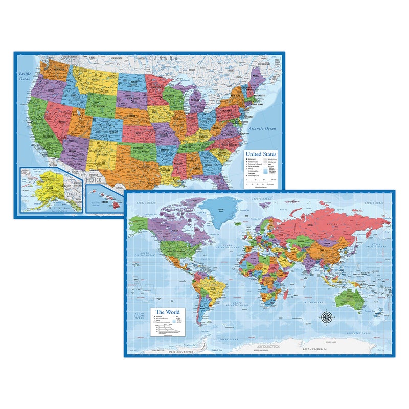Palace Learning Laminated World Map & US Map Poster Set - 18" x 29" - Wall Chart Maps of the World & United States - Made in the USA - (LAMINATED, 18" x 29") - Image 1