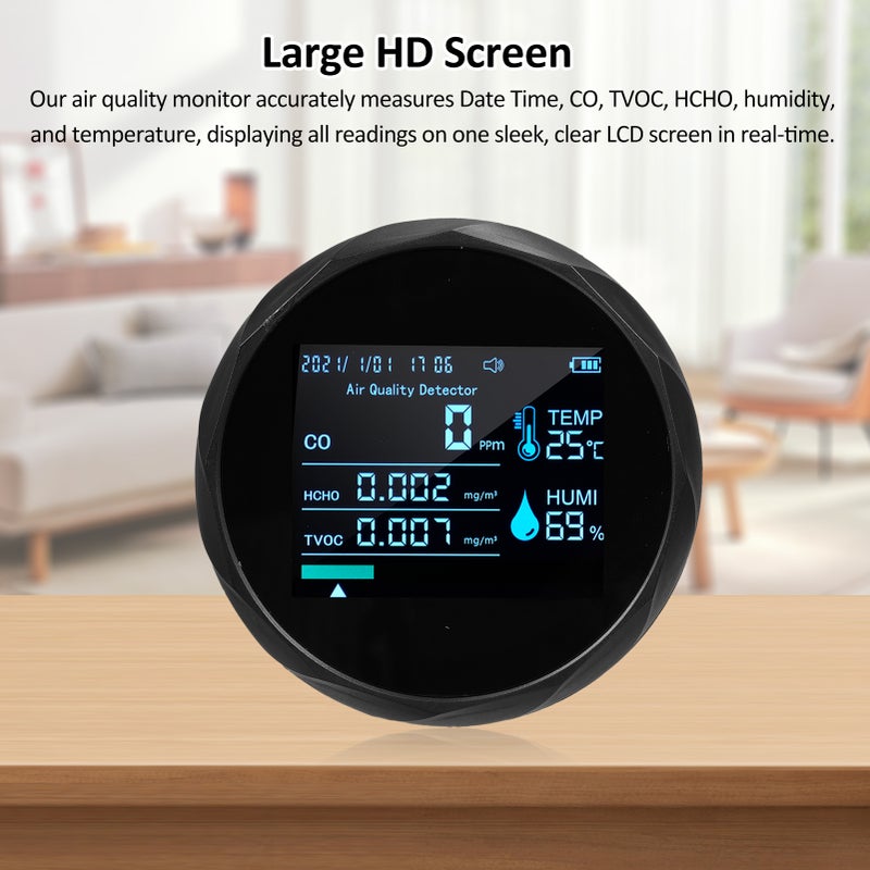 2CO16TB 6 In 1 Multifunctional Air Quality Monitor, Portable Formaldehyde Detector Professional Air Quality Tester for Indoor Spaces - Date Time, CO, TVOC, HCHO, Humidity & Temperature Analyzer, for - Image 4