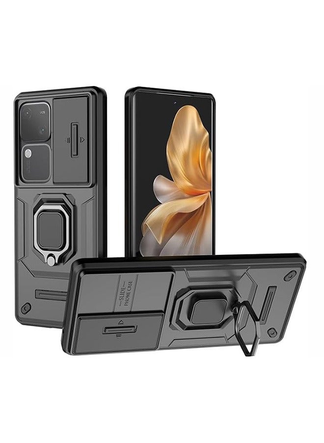 Vivo V30 5G الهاتف المحمول حالة ، صدمة برهان الهاتف المحمول حالة ، حماية ضد السقوط ، المدمج في انزلاق الكاميرا المضادة للخدش غطاء العدسة ، والتكامل 360 درجة دوار قوس دائري ، أسود - Image 1