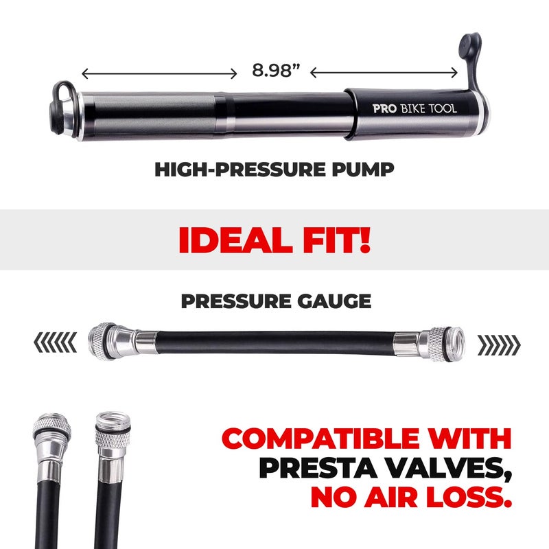 PRO BIKE TOOL Bike Pump with Gauge - Hand Pump for Accurate Bicycle Tire Inflation - Fits Presta and Schrader - High Pressure 100 PSI for Road, Mountain Bikes - Includes Mount Kit - 9"x3"x1", Black - Image 3