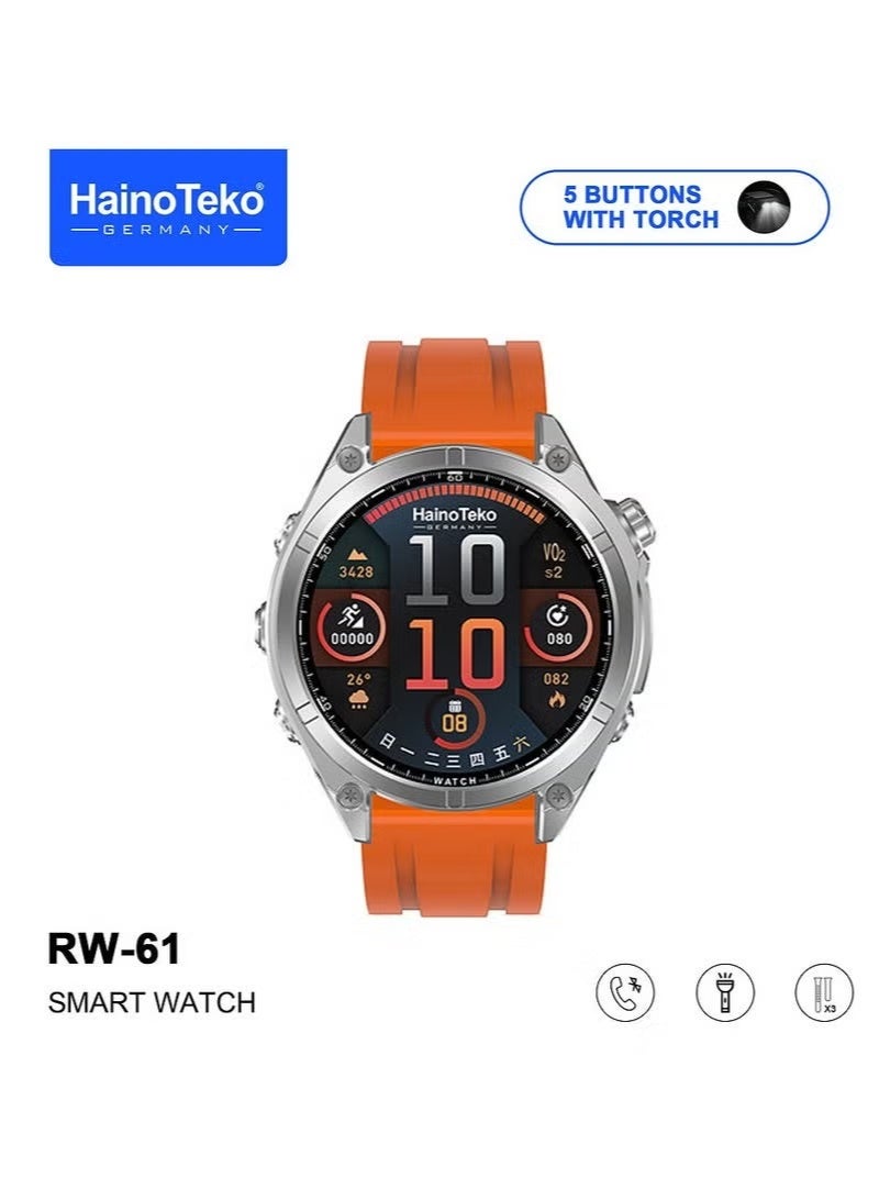 HainoTeko “RW-61 Smartwatch in Silver for Ladies & Gents with Round AMOLED Display, Built-In Flashlight, IP67 Waterproof Design, 3 Interchangeable Straps, Heart Rate & Sleep Monitoring, Multi-Sport Modes, Smart Notifications, Long Battery Life, and Included Charging Cable – Stylish Unisex Wearable.” - Image 2