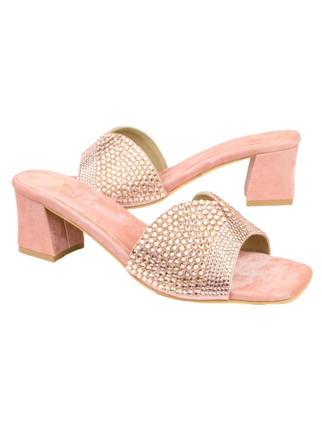 Dollar's Fashion Amina Women Heels, Synthetic Leather Block Heel Sandals, Embellished Upper Slip On Design, Dressy Party Heels for Women, Occasion Footwear - Image 1
