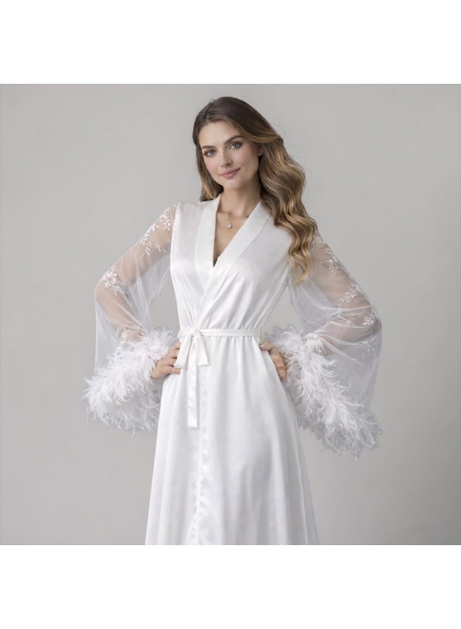 VELVIA Satin robe with chiffon sleeves and feather trim - Image 1