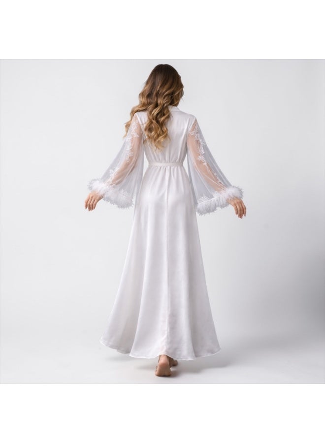 VELVIA Satin robe with chiffon sleeves and feather trim - Image 2