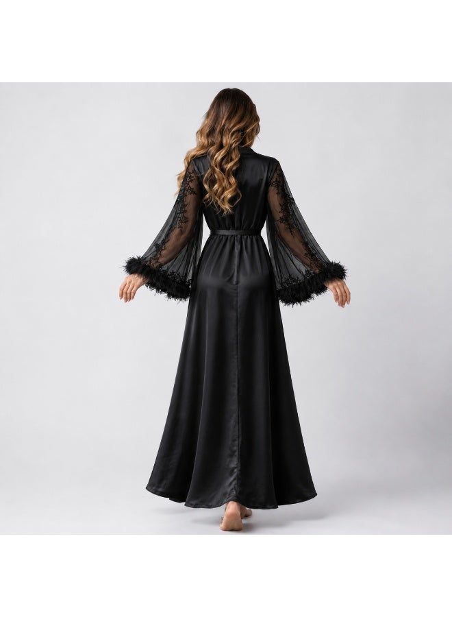 VELVIA Satin robe with chiffon sleeves and feather trim - Image 4