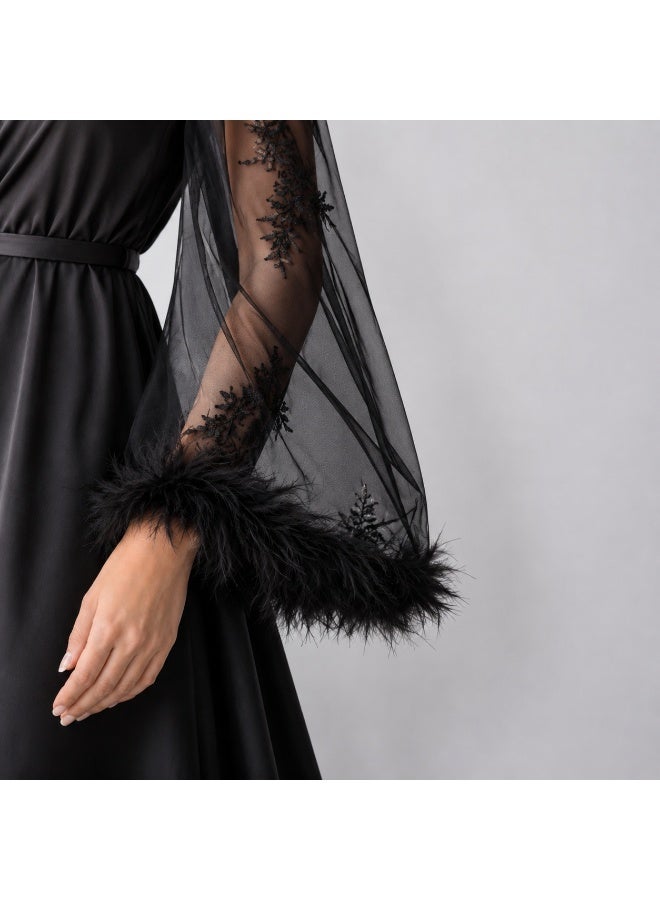 VELVIA Satin robe with chiffon sleeves and feather trim - Image 5