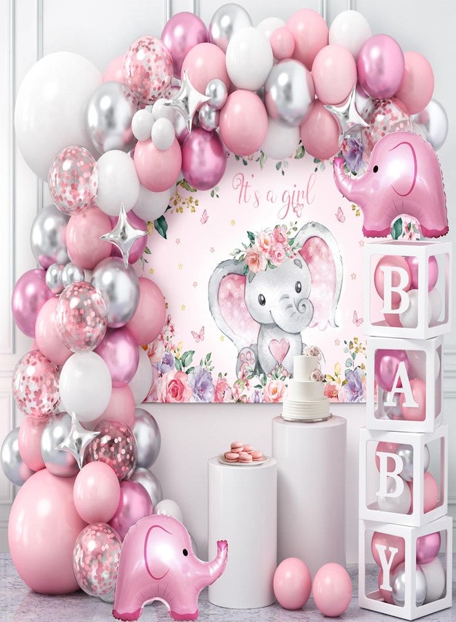 Winrayk 138Pcs Elephant Baby Shower Decorations Girl, Baby Boxes with Letters & Pink White Silver Balloon Arch & It's a Girl Backdrop Huge Foil Balloons, Birthday Party Supplies Girl Baby Shower Decor - Image 1