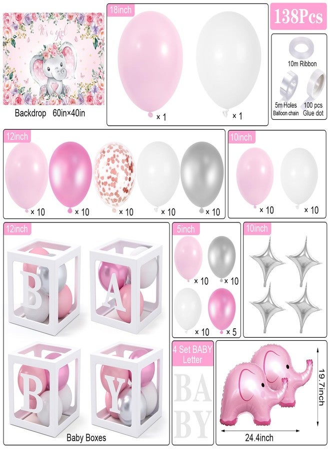 Winrayk 138Pcs Elephant Baby Shower Decorations Girl, Baby Boxes with Letters & Pink White Silver Balloon Arch & It's a Girl Backdrop Huge Foil Balloons, Birthday Party Supplies Girl Baby Shower Decor - Image 2