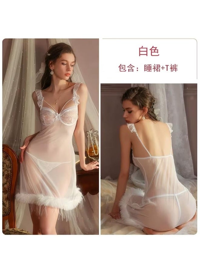 بيبي دول لانجيرى حريمي تل شفاف، قميص نوم مزين  بدانتيل وريش ناعم - Image 5