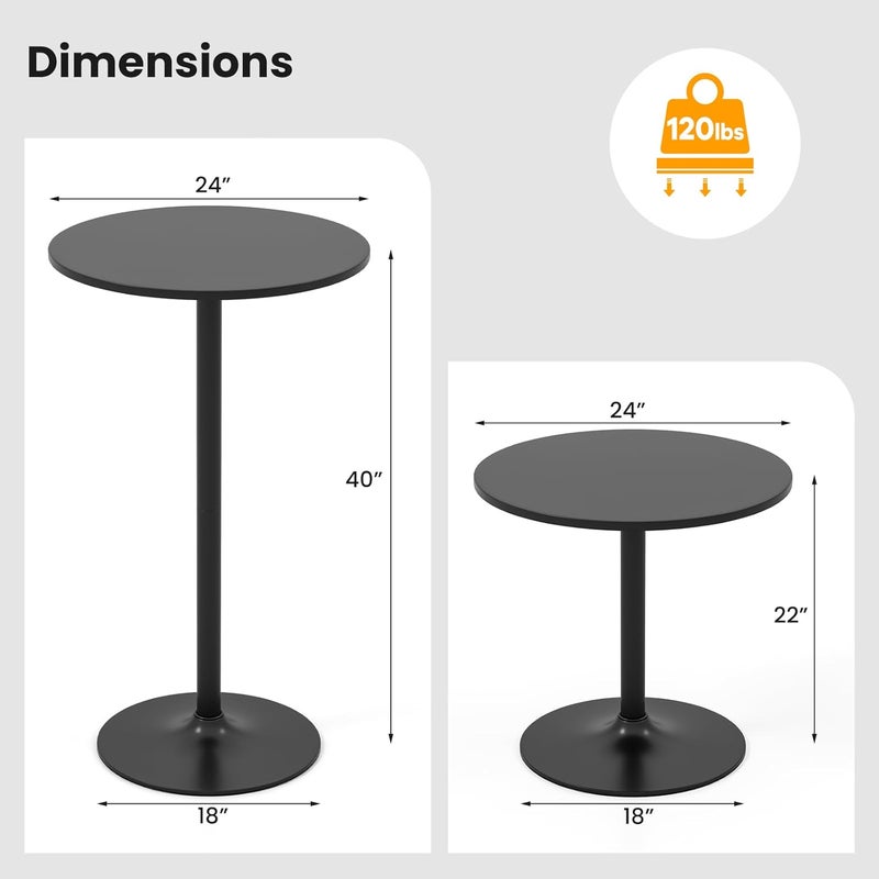 Giantex Two-in-one Bar Table with Detachable Pole, Metal Base, 24" Round Top, 40"/22" Two Convertible Height, Cocktail Table, Coffee Table, Pub Table for Dining Room, Restaurant, Kitchen (1, Black) - Image 2