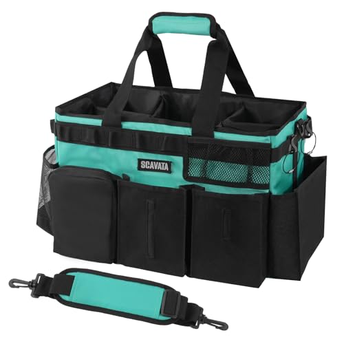 SCAVATA Wearable Cleaning Caddy Bag Cleaning Caddy Supplies Organizer with Handle  Shoulder Straps for Housekeepers Under Sink  Car Cleaning Tool Organizers with 4 Foldable Divider Lake Blue