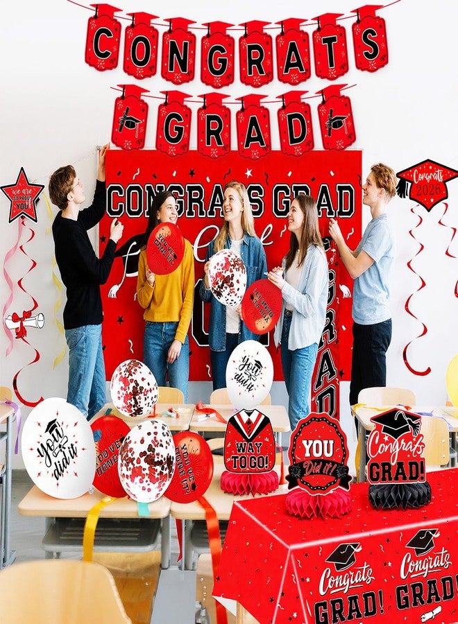 EMORBALS 2026 Graduation Decorations Set - Congrats Grad 2026 Banner, Class of 2026 Backdrop, Balloons & Streamers Kit, Complete Party Supplies for High School & College Celebrations(Red) - Image 2