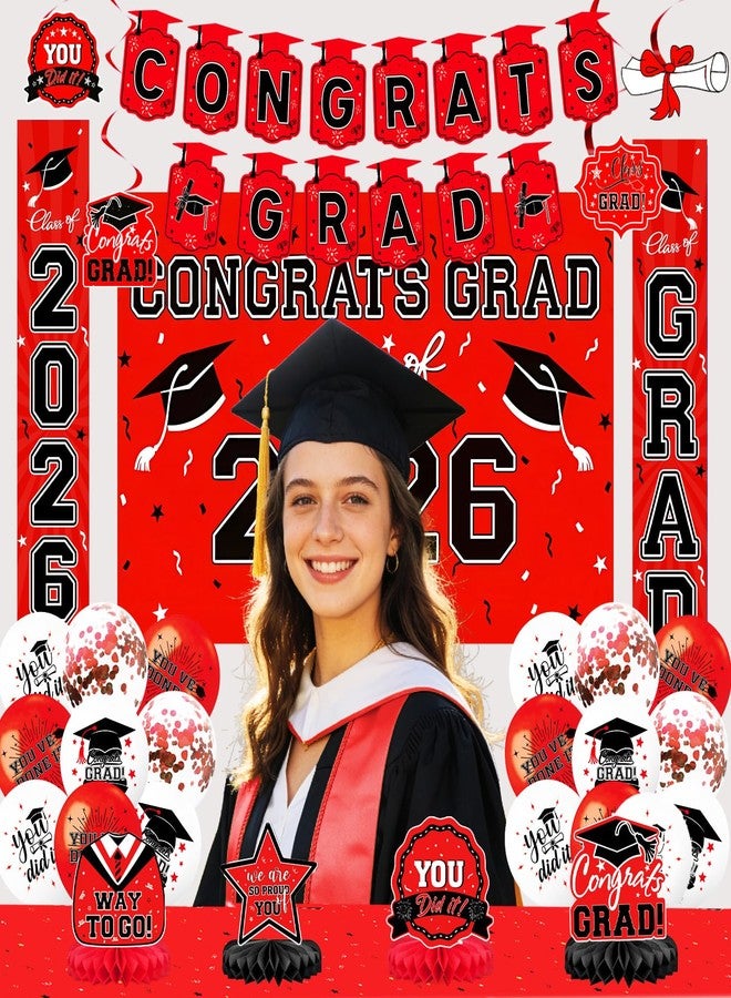 EMORBALS 2026 Graduation Decorations Set - Congrats Grad 2026 Banner, Class of 2026 Backdrop, Balloons & Streamers Kit, Complete Party Supplies for High School & College Celebrations(Red) - Image 4