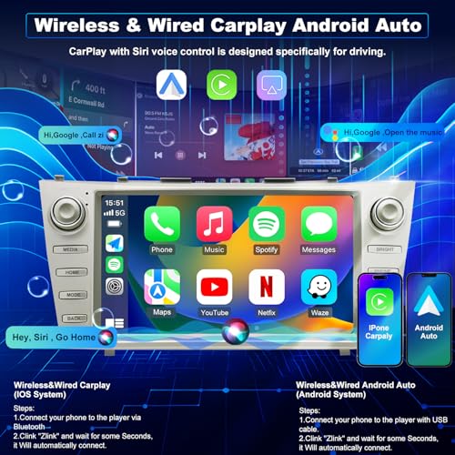iCarSEPTON 64G 5GWiFi Upgrade Android Car Radio for Toyota Camry 2007 2008 2009 2010 2011, Head Unit HD 9inch Touch Screen Car Stereo Wireless Carplay Android Auto Bluetooth GPS Navigation SWC FM Backup Camera - Image 3