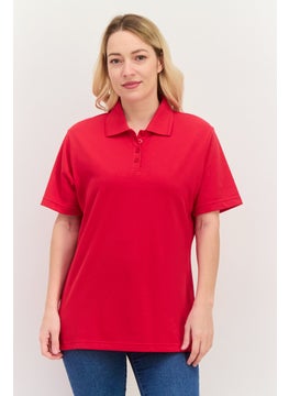 Featherlite Women Spread Collar Short Sleeves Plain Polo Shirt, Red  - Image 1