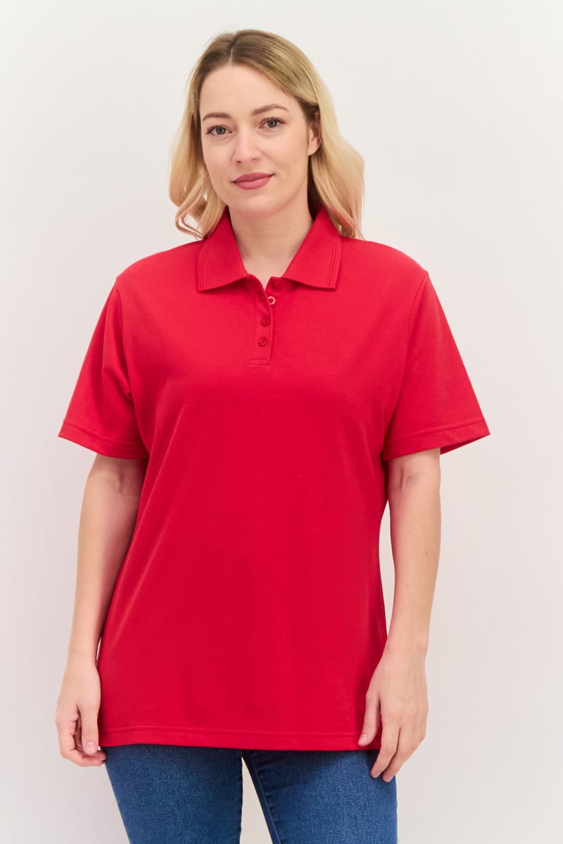 Featherlite Women Spread Collar Short Sleeves Plain Polo Shirt, Red - Image 1